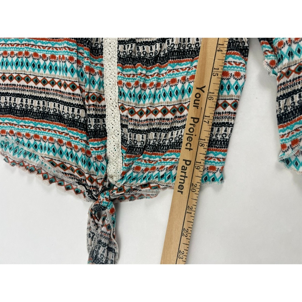 Live And Let Live Blouse Women's Size Small 3/4 Sleeve Crochet Front Knot Tie - Picture 9 of 11